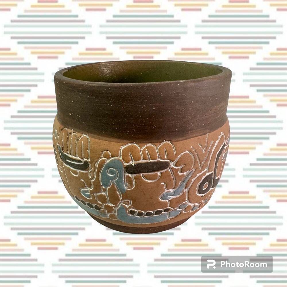 VTG Made In Mexico Native Folk Art Clay Pottery Bowl Vase Disney World Souvenir - Picture 3 of 10